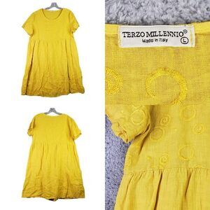 Terzo Millennio Linen Shift Dress Langenlook Yellow Embroidered SS L Large